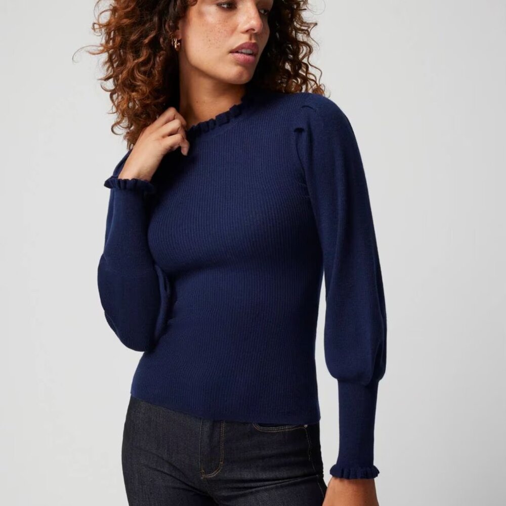 LIKE NEW WHBM Cashmere Blend Blouson Sleeve Pull Over in Navy Blue